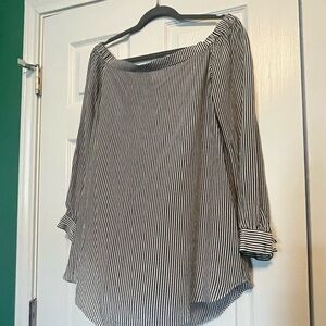 CAbi Black and White Striped Off-Shoulder Blouse 100% Silk